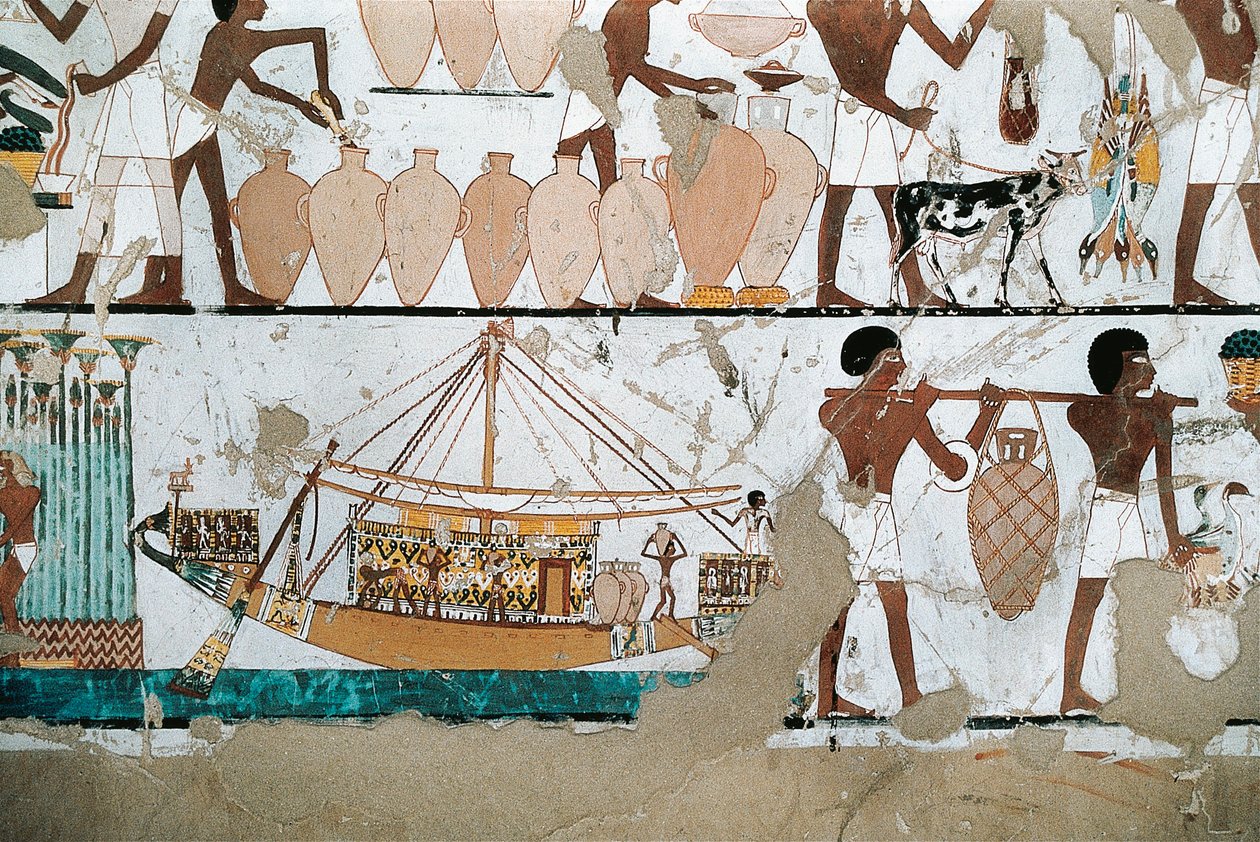New Kingdom'dan teknede şarap taşıma sahnesini tasvir eden duvar resmi by Egyptian 20th Dynasty