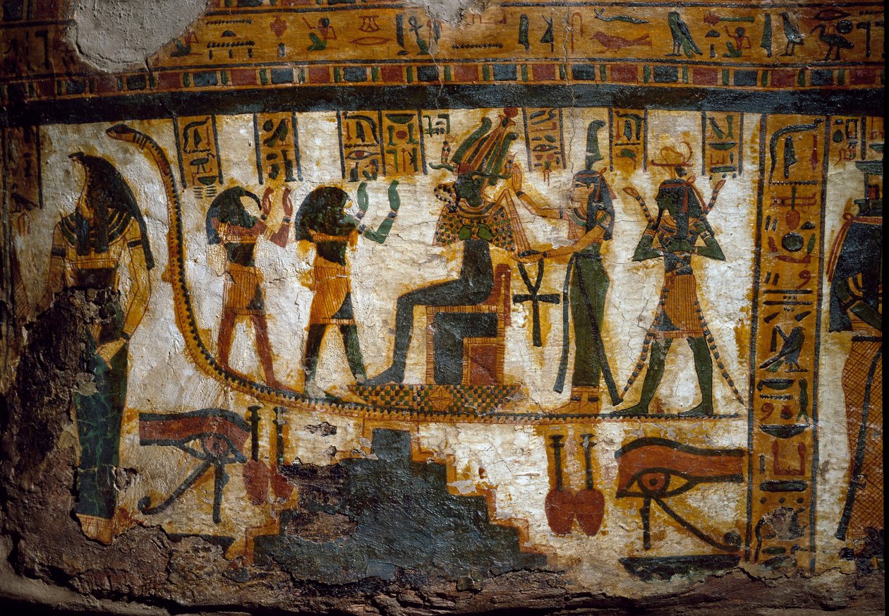 Mısır Sanatı: Osiris dört tanrıdan haraç alır: Thot, Maat, Heka (Heqat veya Heqa) ve Harsiesi. Tanrılardan biri haç ansee (Ankh) şeklinde yaşamın anahtarını tutar. Aşağıda, göz oudjatının (Horus