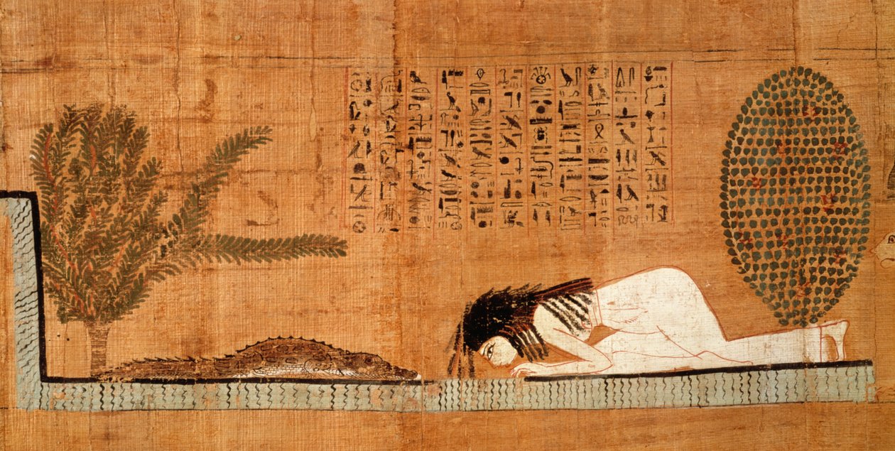 Timsahın önünde ölen kişinin secdesini gösteren cenaze papirüsü (papirüs) by Egyptian 21st Dynasty