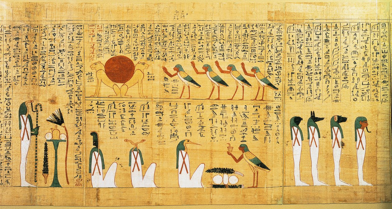 Amon'un Baş taşıyıcısı Imenemsauf'un mitolojik papirüsü. Detay: iki aslan olarak tasvir edilen güneşe ilahi by Egyptian 22nd Dynasty