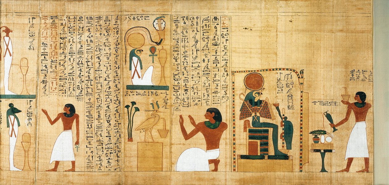 Amon'un Baş taşıyıcısı Imenemsauf'un mitolojik papirüsü. Detay: Ra-Harakhti onuruna tütsü ve içki içme by Egyptian 22nd Dynasty