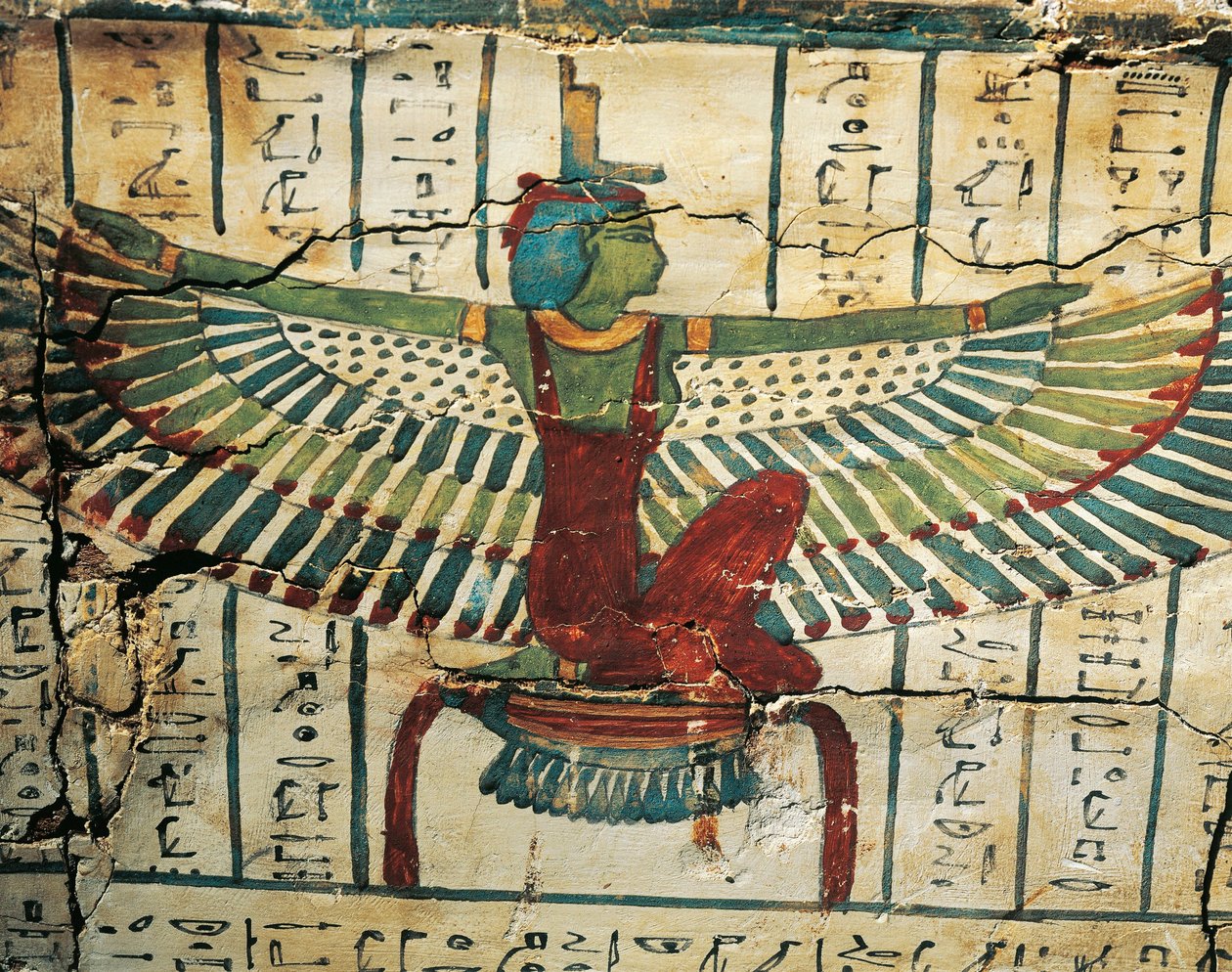 Batı Thebes'ten Cesraperet Lahdi üzerinde Tanrıça İsis'i açık kanatlarla tasvir eden boyalı, lake ahşap by Egyptian 25th Dynasty