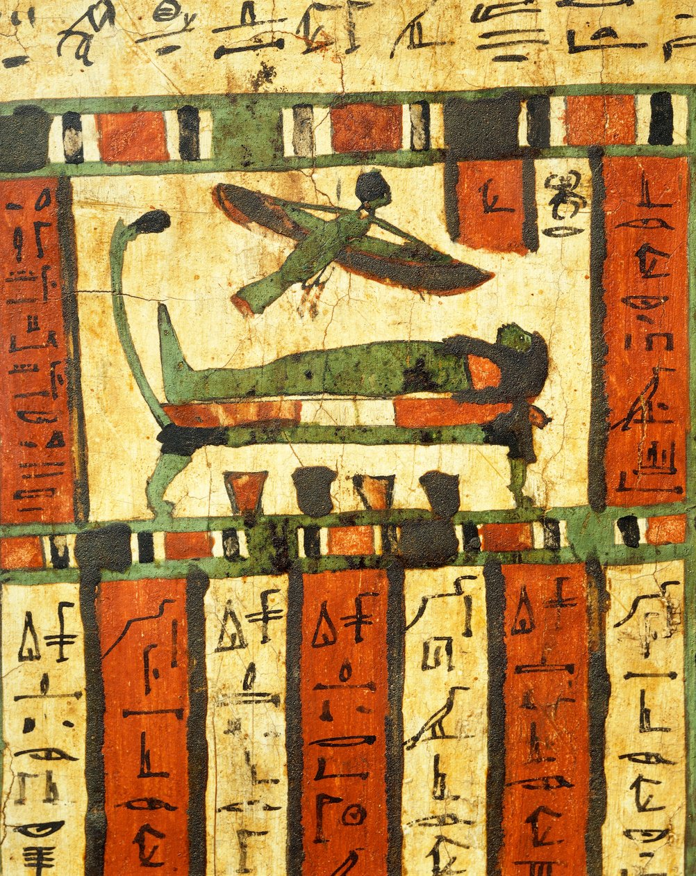 Teb Tashakheper Lahdi'nden ruh Ba öbür dünyaya uçarken ölüm döşeğinde ölenleri tasvir eden sıvalı ve boyalı ahşap by Egyptian 26th Dynasty