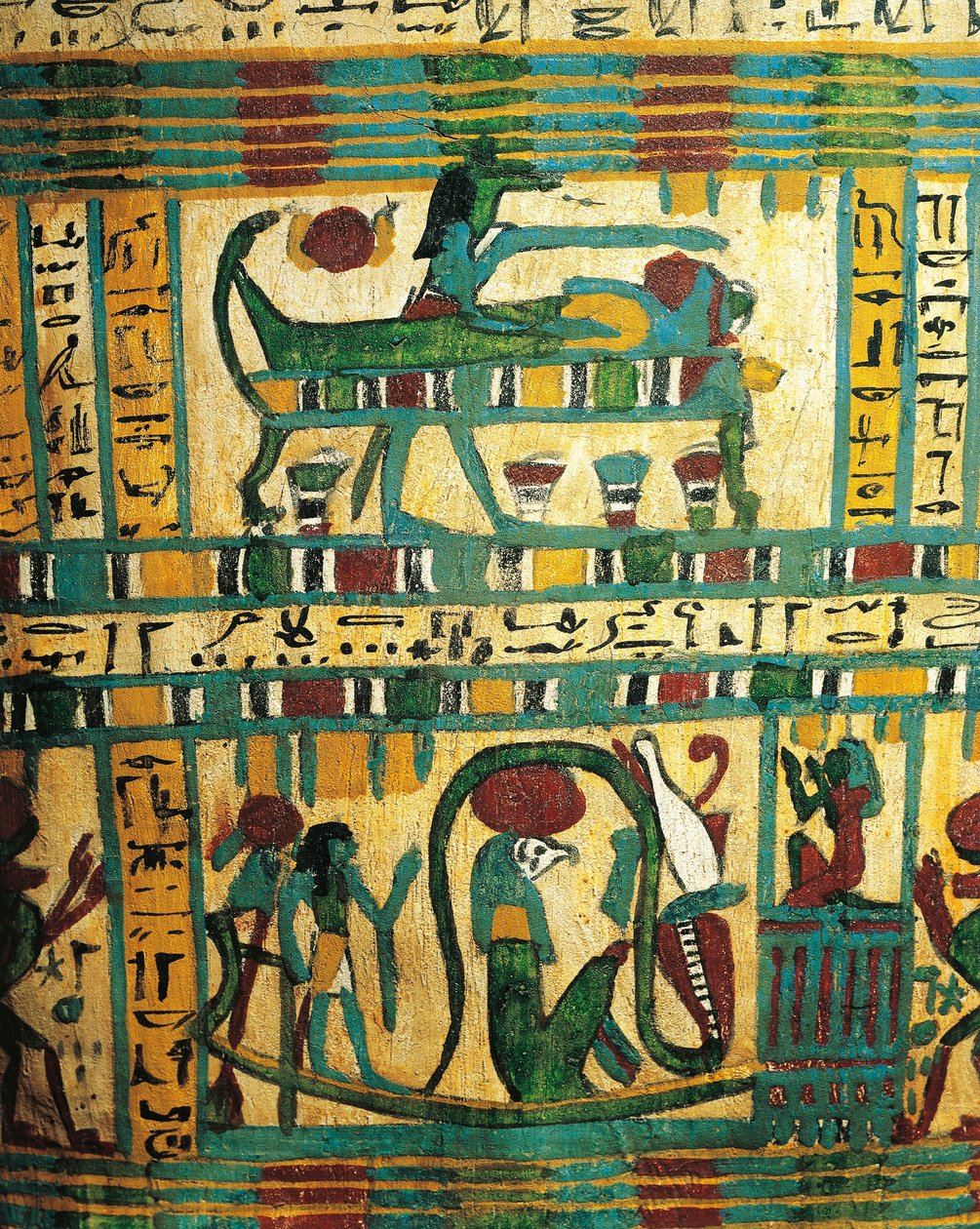Tanrı Anubi'nin merhumun mumyasını ve Usai Lahdi, Teb'den tanrı Ra ile güneş teknesini koruyan sıvalı ve boyalı ahşap by Egyptian 26th Dynasty