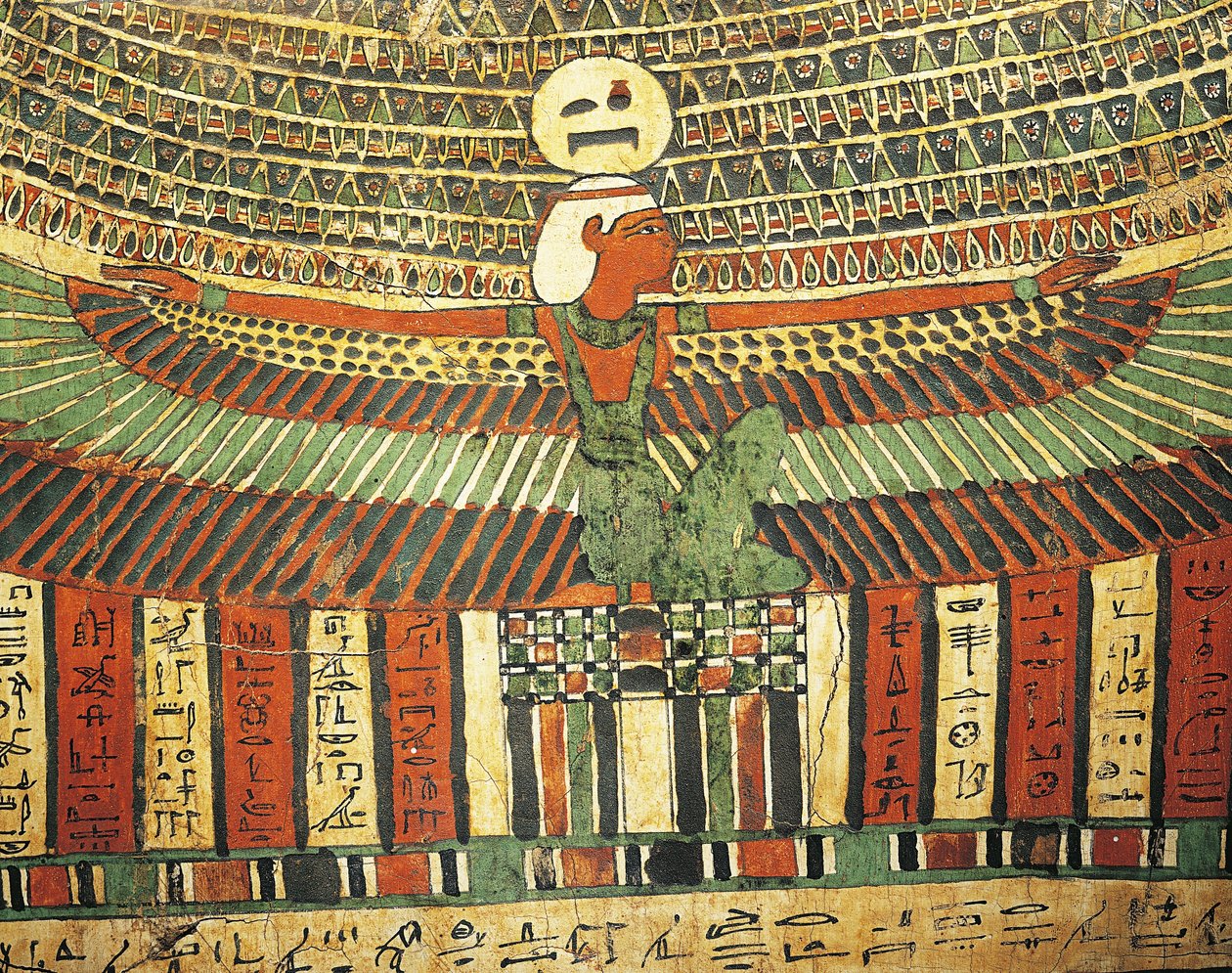 Teb Taşakheper Lahdi'nden öbür dünyaya giden sahte kapıyı koruyan tanrıça Nut'u tasvir eden sıvalı ve boyalı ahşap by Egyptian 26th Dynasty