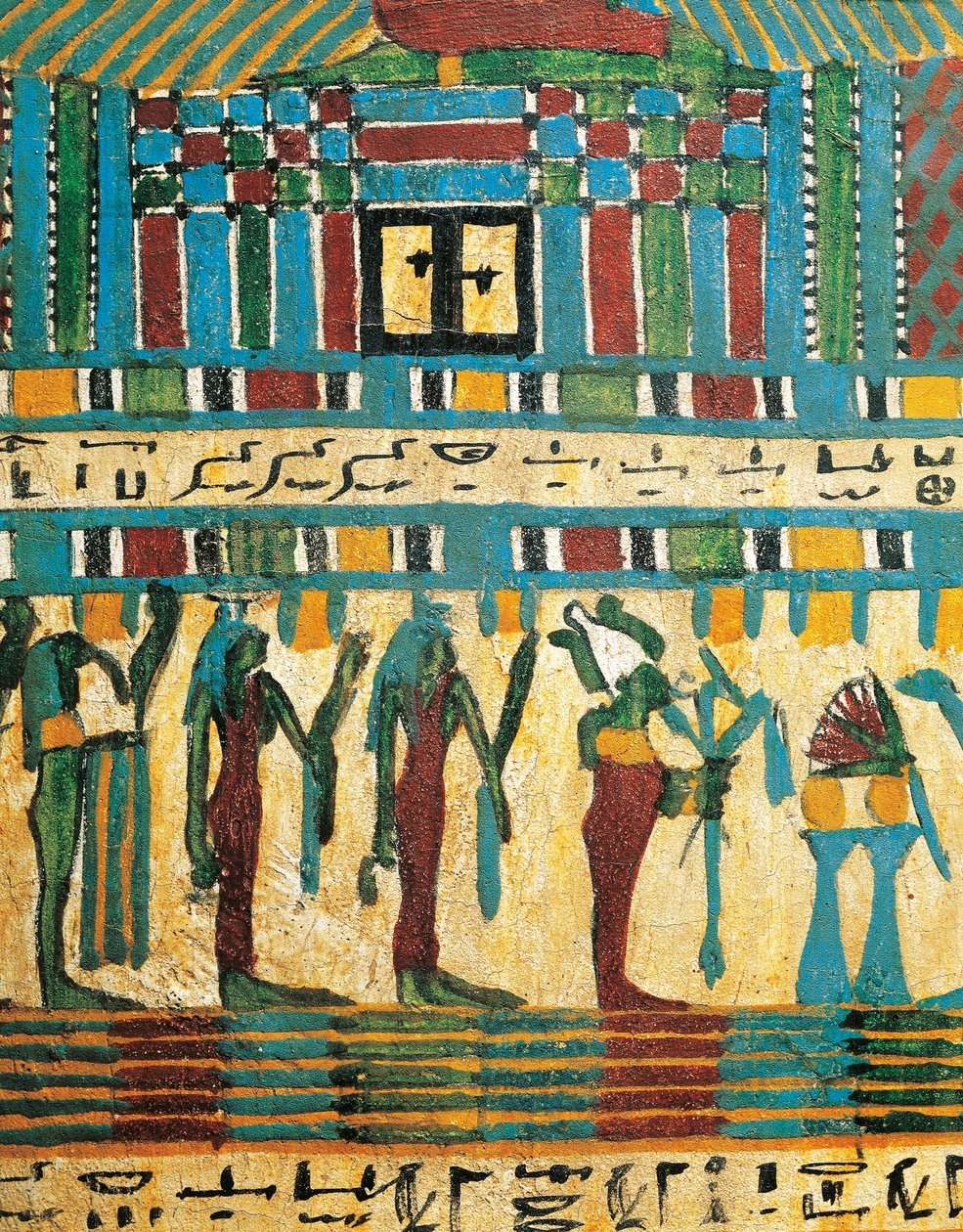 Yargı odası ve tanrı Osiris ile sıvalı ve boyalı ahşap panel detayı, ardından Usai Lahdi, Thebes'ten tanrılar by Egyptian 26th Dynasty