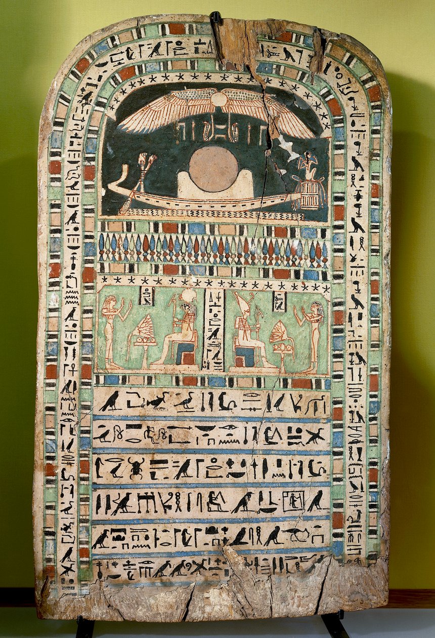 Güneşe tapan tanrıça Udjarenes, solda tanrı Ra-Horakhty, sağda tanrı Aton ahşap boyadı. Mısır uygarlığı, Geç Dönem, Hanedan XXVI. by Egyptian 26th Dynasty