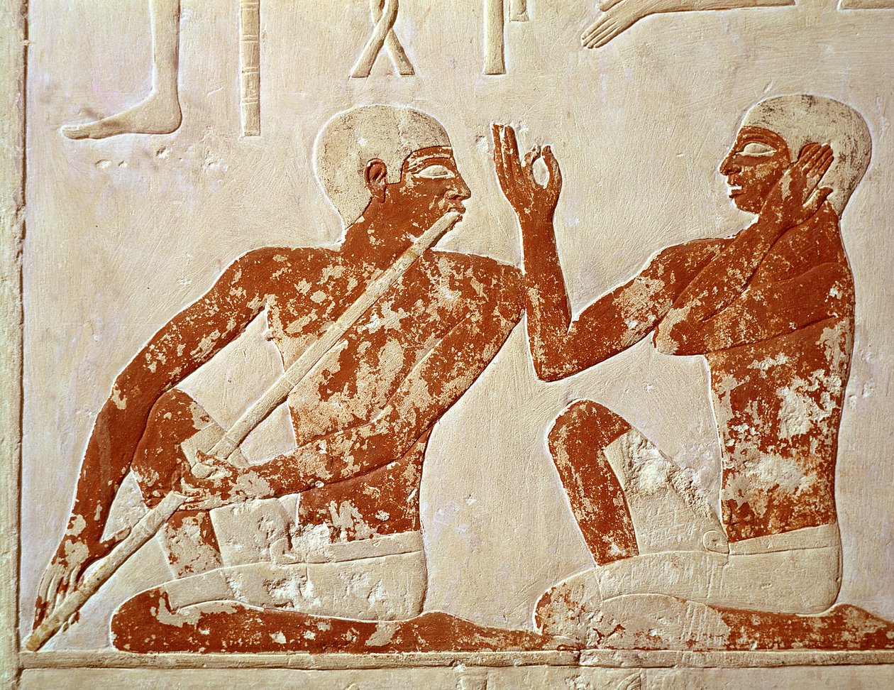Nenkhefetka Mezarı, Saqqarah, Eski Krallık, MÖ 2400 dolaylarında bir cenaze ziyafetinde flüt çalan ve şarkıcıyı betimleyen boyalı kabartma (duvar resmi) by Egyptian 5th Dynasty