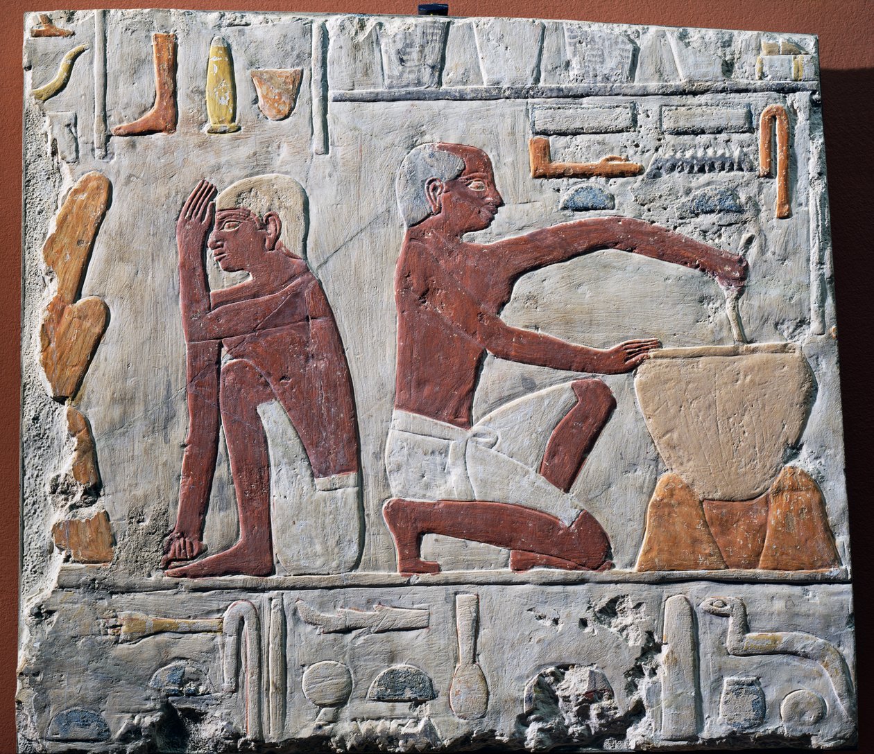 Ekmeğin hazırlanması ve pişirilmesi, MÖ 2500-2350 (boyalı kireçtaşı) by Egyptian 5th Dynasty