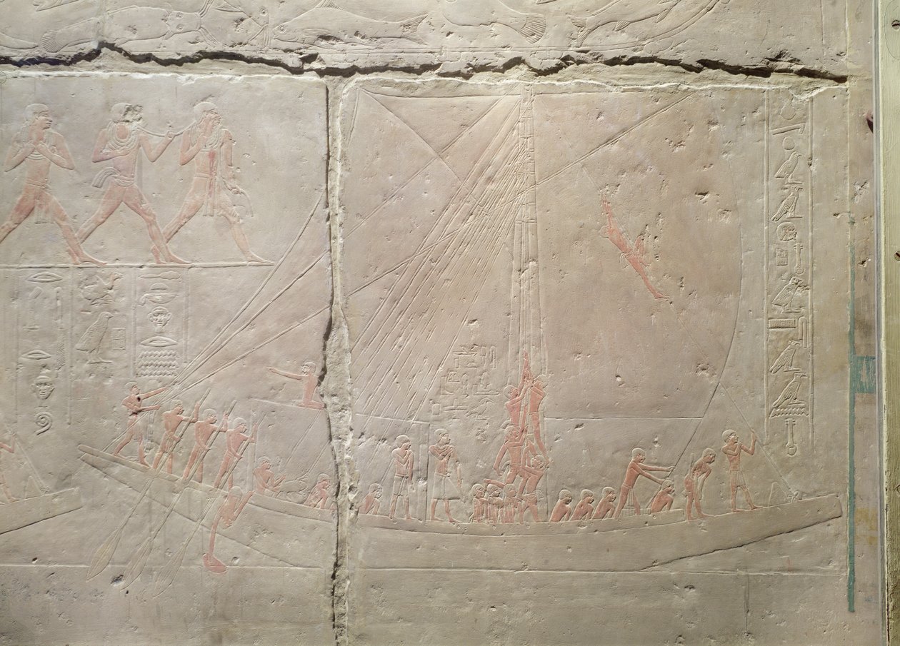 Eski Krallık, Akhethotep Mastaba'sından bir tekne yolculuğunu betimleyen kabartma, MÖ 2400 dolayları (boyalı kireçtaşı) by Egyptian 5th Dynasty
