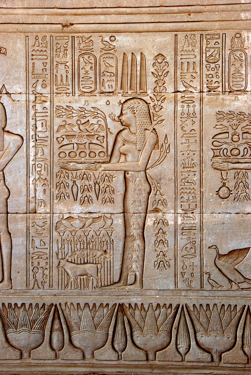 Mısır antikliği: tanrıçaya saygı için adaklar getiren genç bir kadının temsili, Hathor Tapınağı, Dendera, Mısır by Egyptian Ptolemaic Period