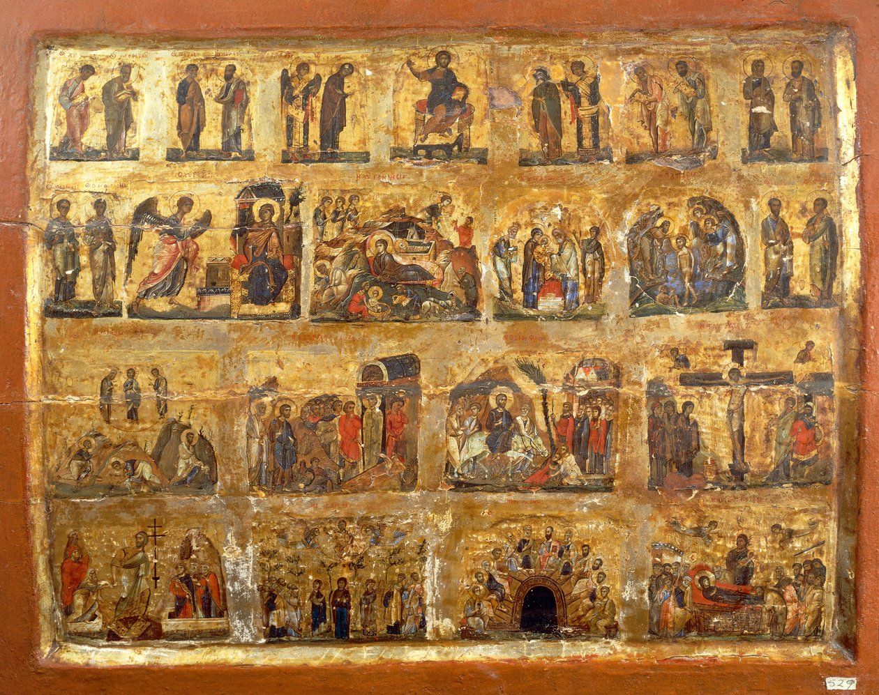 Deesis Row ve On İki Büyük Ziyafet (panelde boya ve altın varak) by Egyptian School