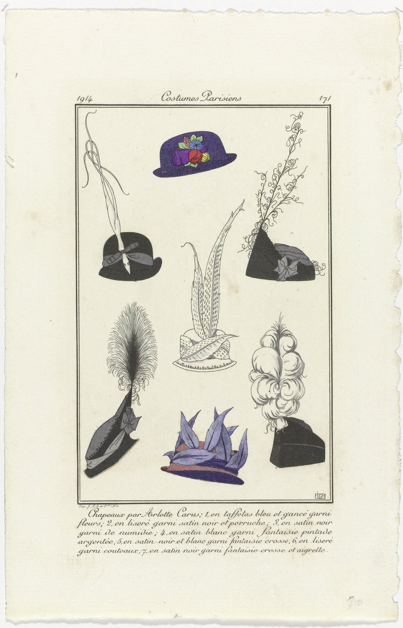 Aksesuarlar Journal des Dames et des Modes, Costumes Parisiens, 1914, No. 171: Hats by Arlett (...) by Eiger