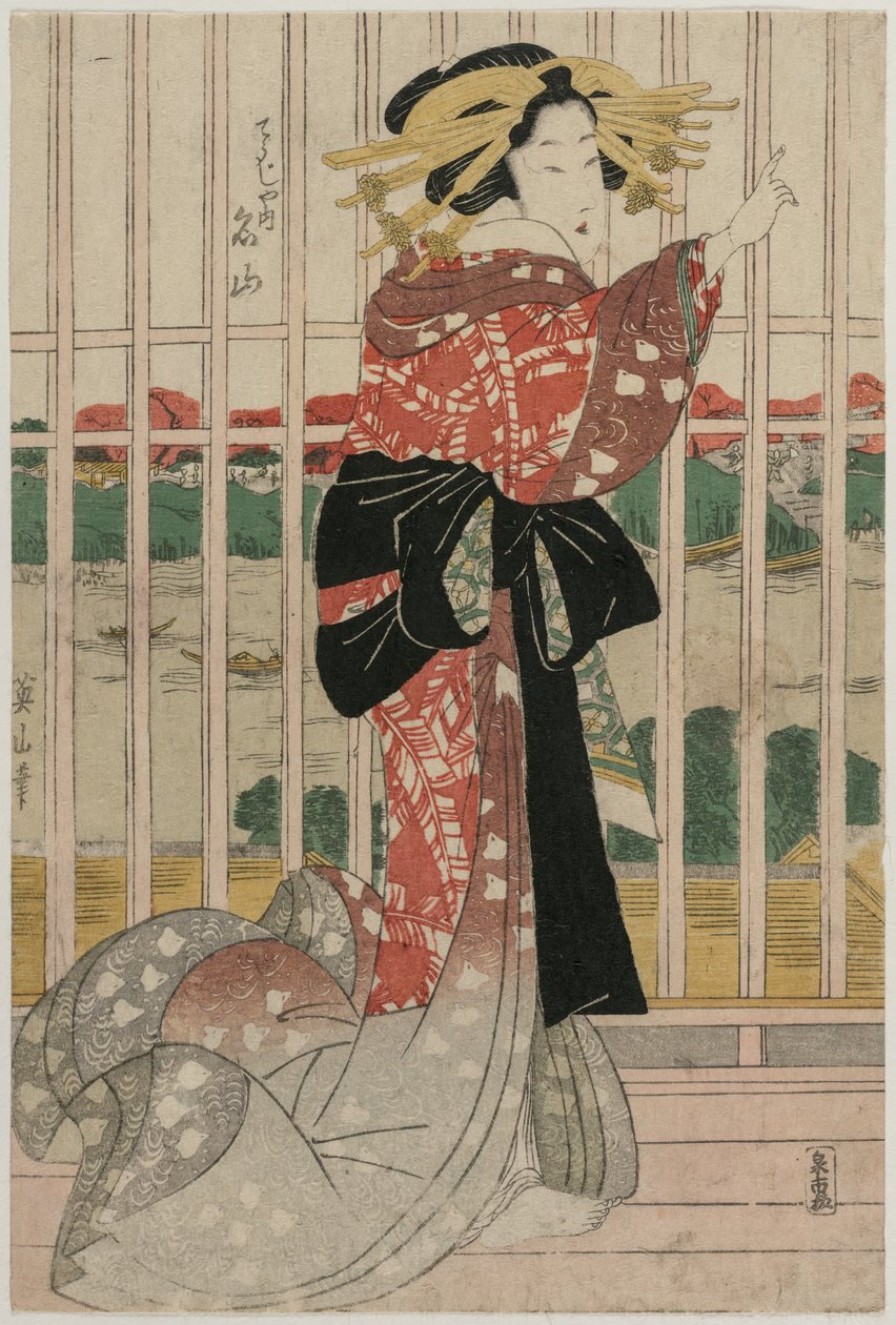 Chojiya'nın Sumida Nehri'ne bakan bir Balkonda Nezaket Meizan'ı, 1820'lerin başlarında veya ortalarında. by Kikugawa Eizan