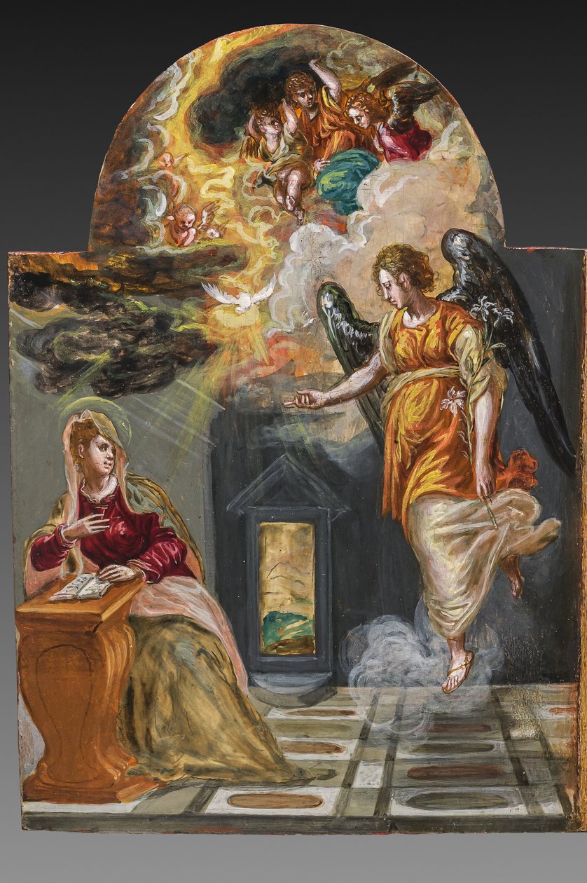 Portatif mihrap, arkada sol kapı paneli: Müjde, 2384587 detayı (panelde temperera grassa) by El Greco