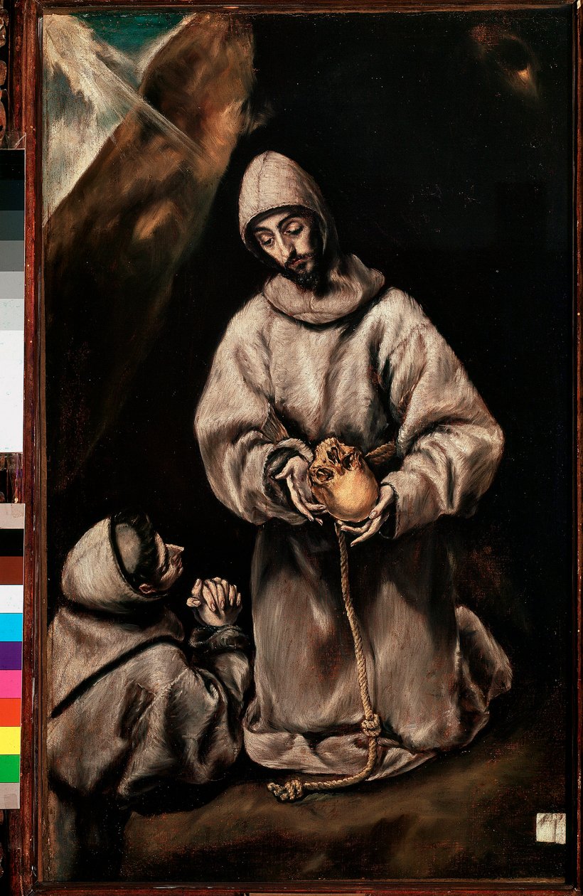 Assisili Aziz François ve kardeşi Leon (Leone) ölüm üzerine meditasyon yapıyor, c.1600 (tuval üzerine yağlı boya) by El Greco