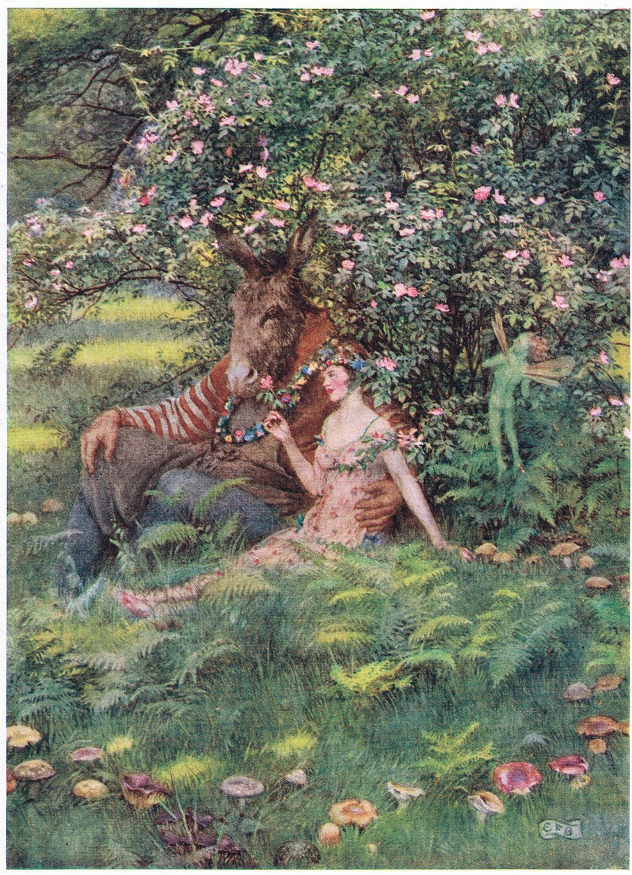 Bottom ve Titania: "Gel şu çiçekli yatağa otur" (lito) by Eleanor Fortescue Brickdale