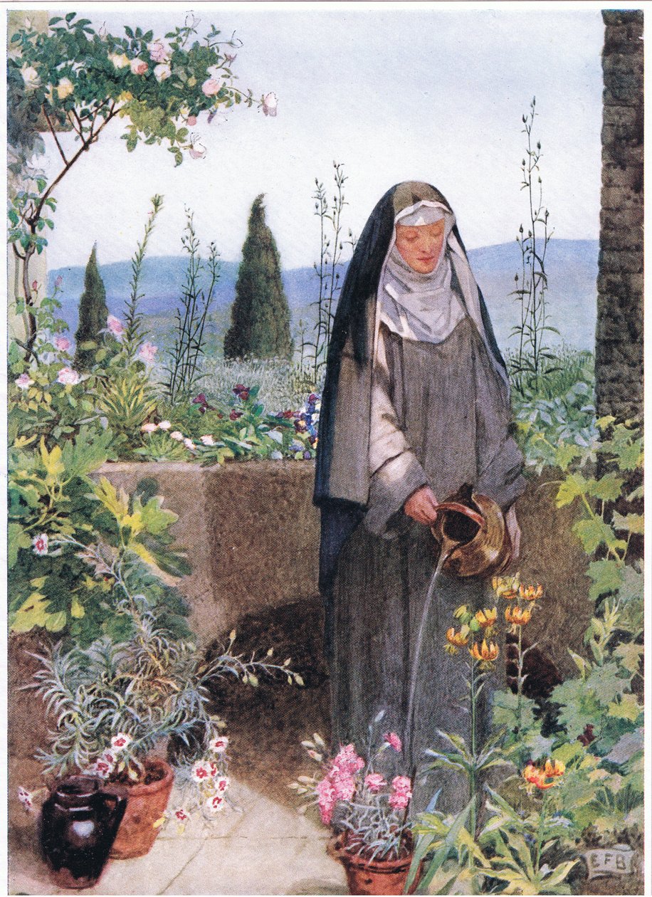 Aziz Clare kurduğu manastırın bahçesinde (litho) by Eleanor Fortescue Brickdale