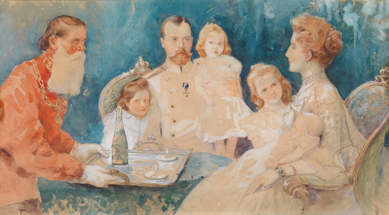 Çar Nikolai II ve Tsarina Alexandra Fjordorovna, kızları Olga, Tatiana, Maria ve Anastasia ile (bebekken) by Elena  Samokich Soudkovskaïa