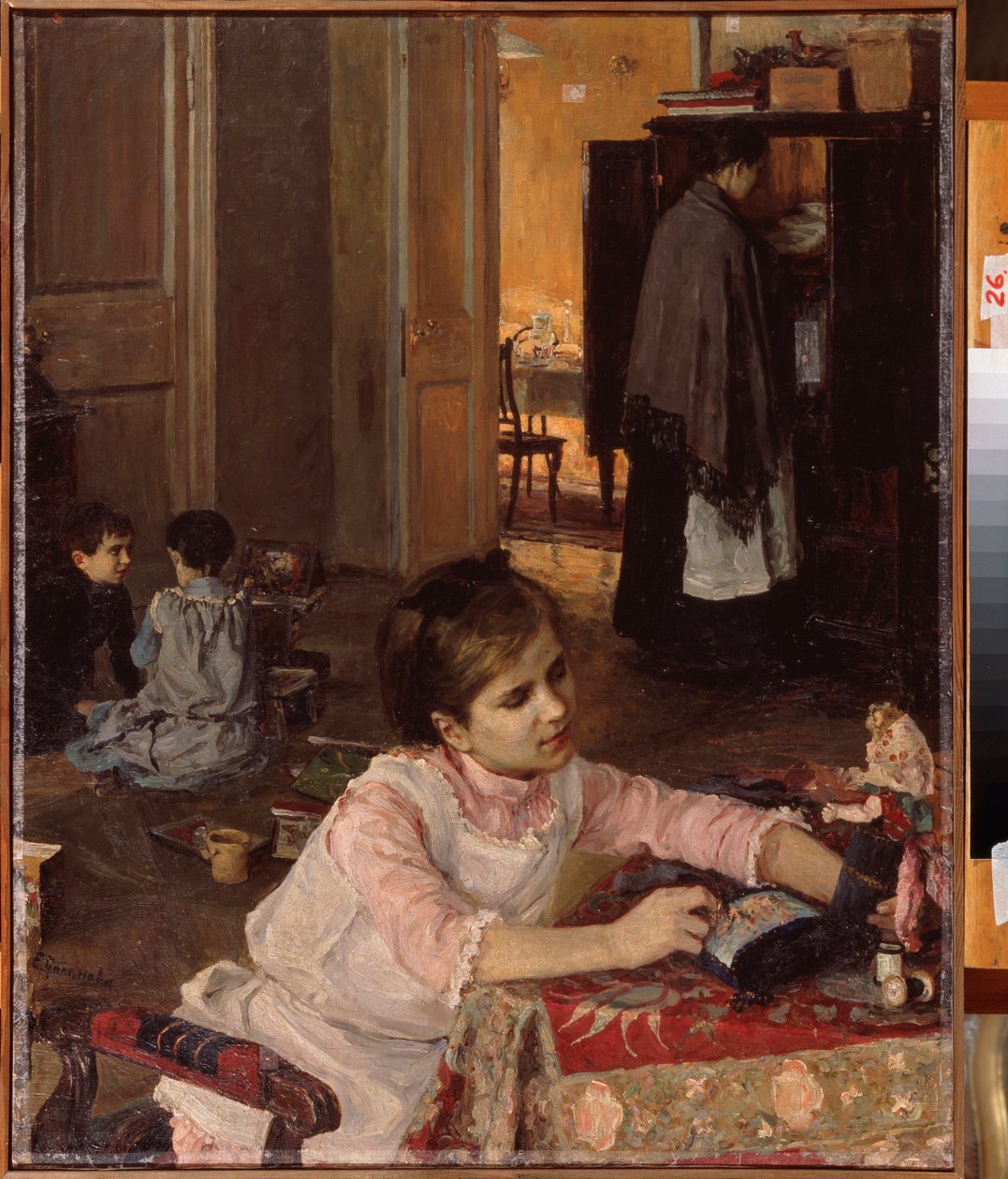 Çocuk odası (Çocuklar oyuncaklarıyla oynar, hizmetçi dolapta çamaşırları düzenler) - Çocuk odası - Elena Dmitryevna Polenova (1850-1898), tuval üzerine yağlı boya by Elena Polenova