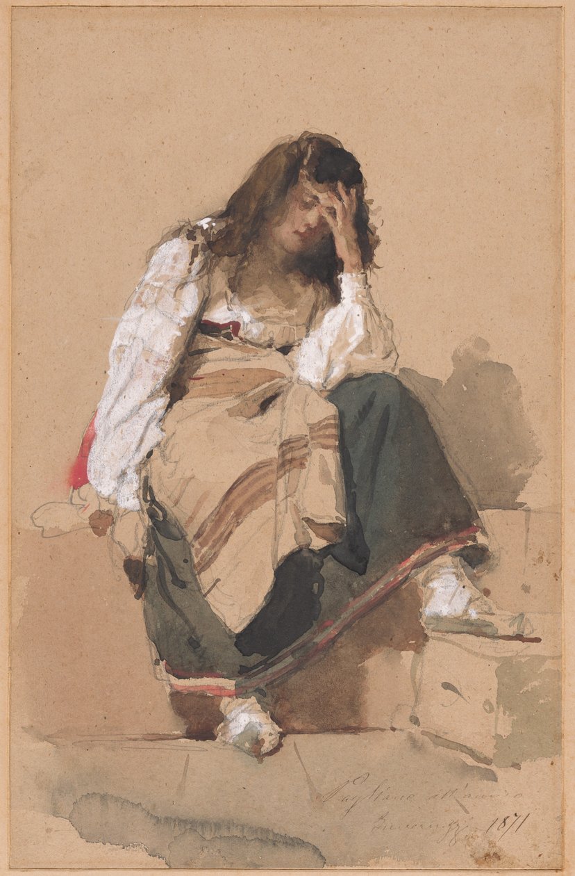 Oturan Köylü Kız Tefekkür by Eleuterio Pagliano