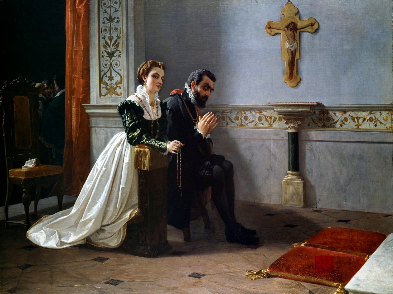 Bianca Cappello ve Francois I de Medici (1541-1587) (Francesco Primo I de Medici) bir haçtan önce dua ediyor (tuval üzerine yağlı boya) by Eleuterio Pagliano