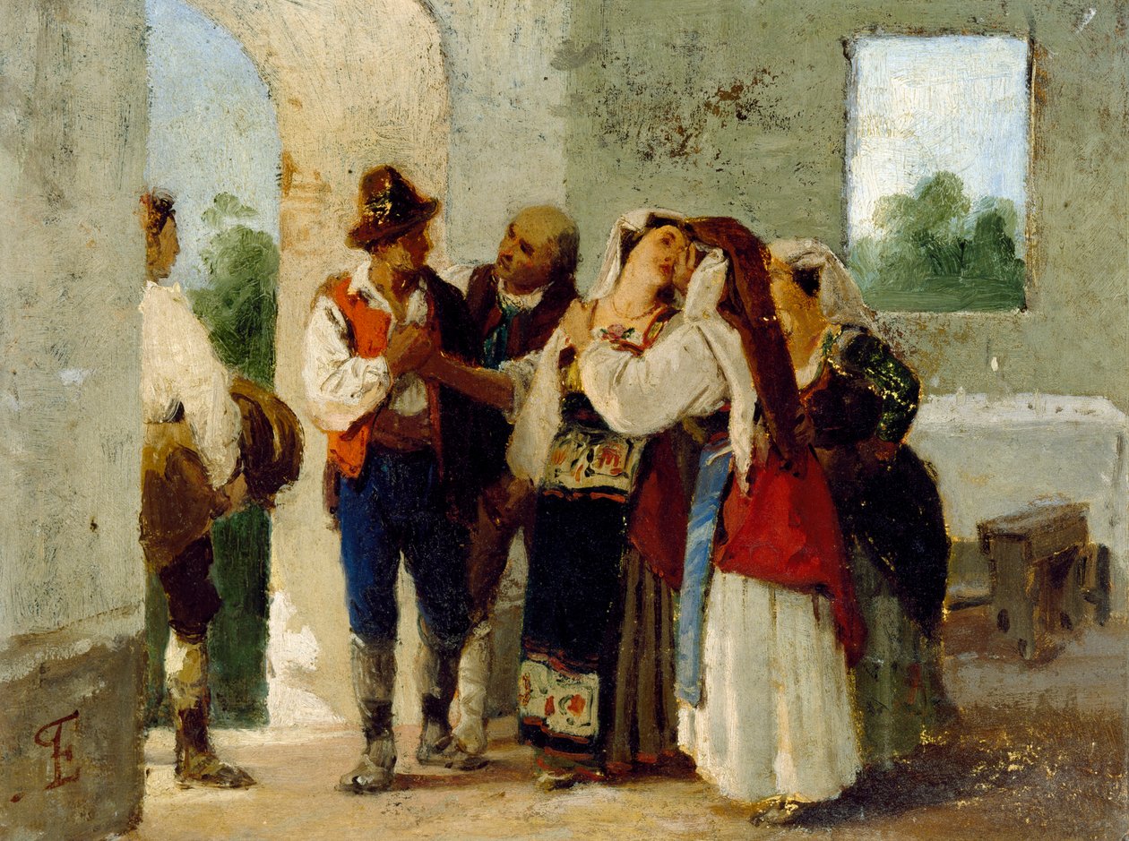 Köylü başka bir köyde evlenmek için aile evinden ayrılıyor by Eleuterio Pagliano