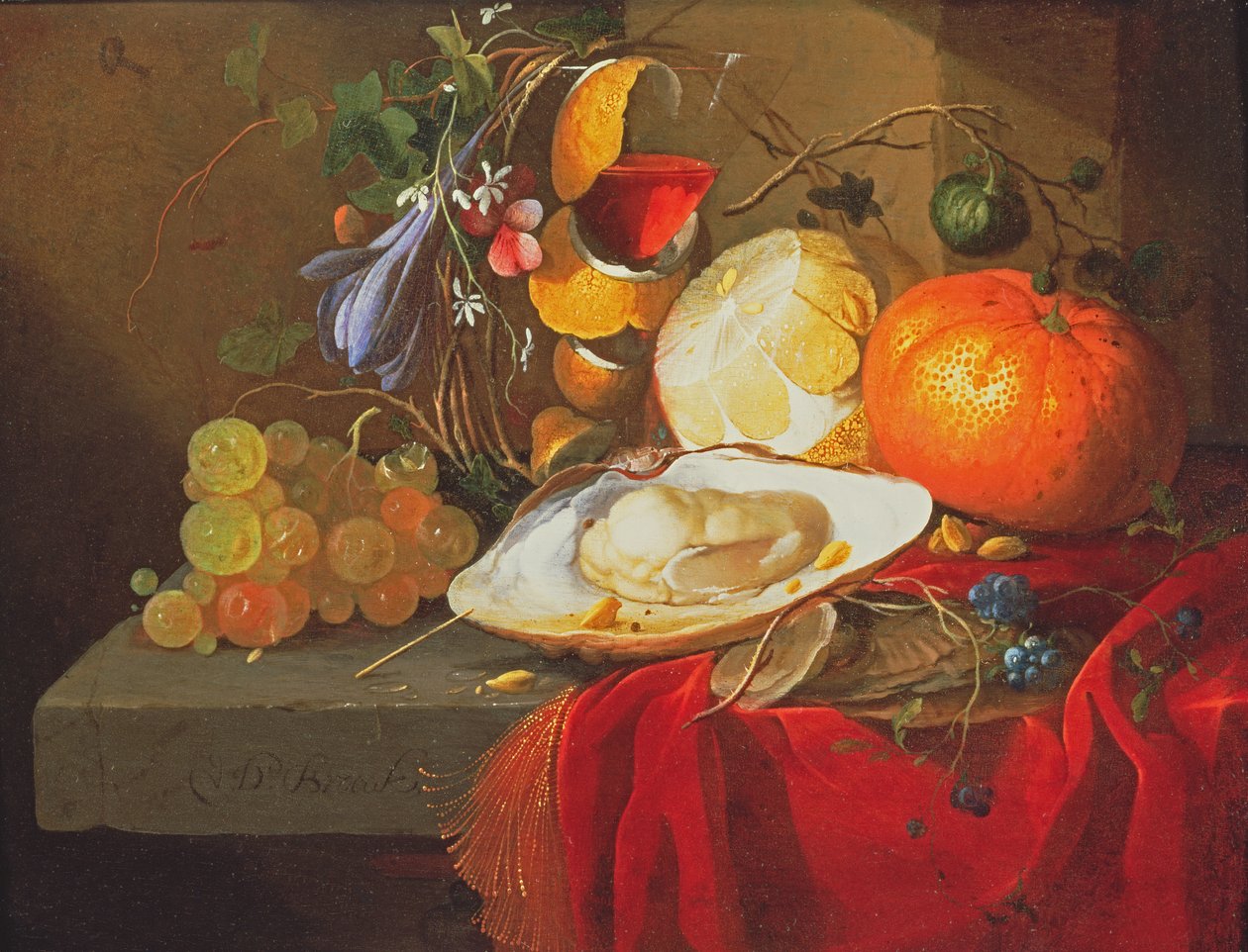 An oyster, a glass of wine and fruit on a table covered with a red velvet drape by Elias van den Broeck