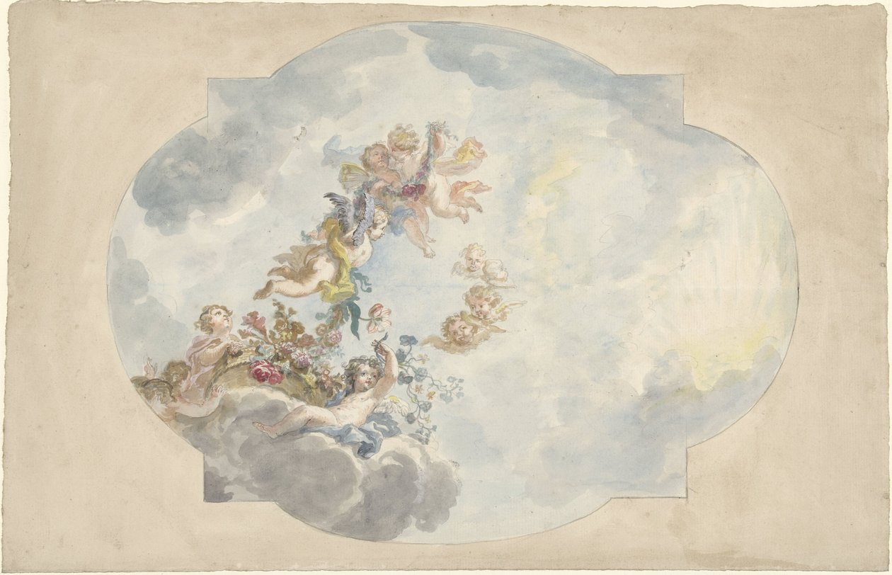 Putti, çiçekler ve çelenklerle tavan boyaması için tasarım by Elias van Nijmegen (possibly)