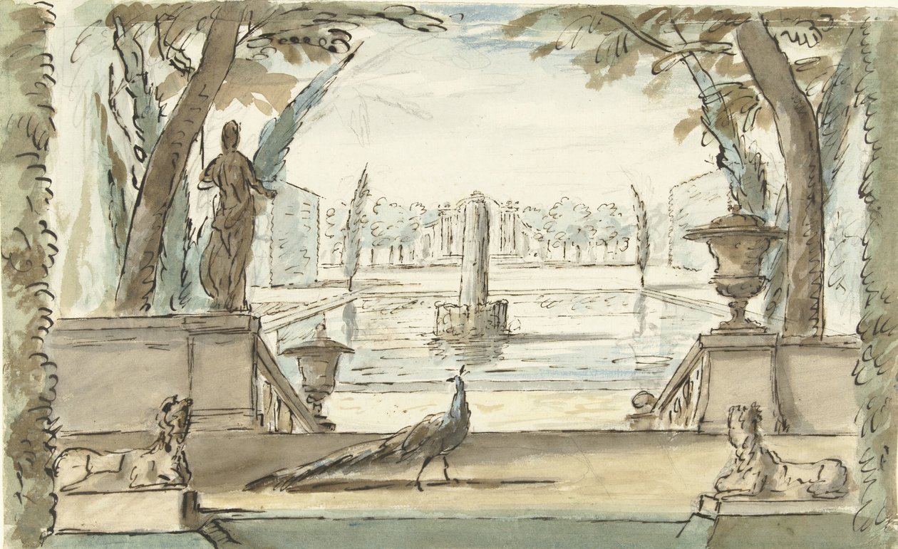 Gölet, çeşme ve tavus kuşu bulunan bir bahçede manzara by Elias van Nijmegen