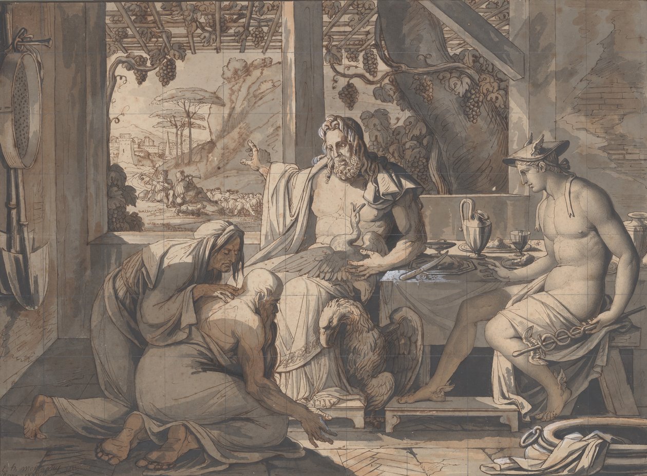 Jüpiter ve Merkür, 1809'da Philemon ve Baucis'e kendilerini gösterirler. by Elie Honore Montagny