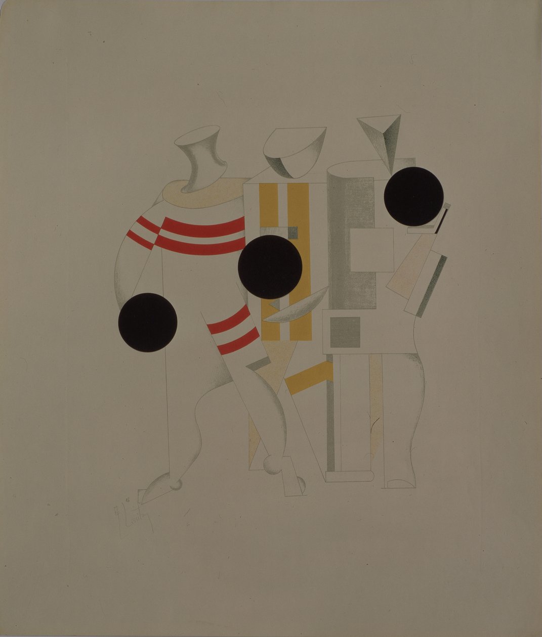 Sporcular. A. Kruchenykh, 1920-1921 tarafından Güneşe Karşı Zafer operası için heykelcik by Eliezer Markowich Lissitzky