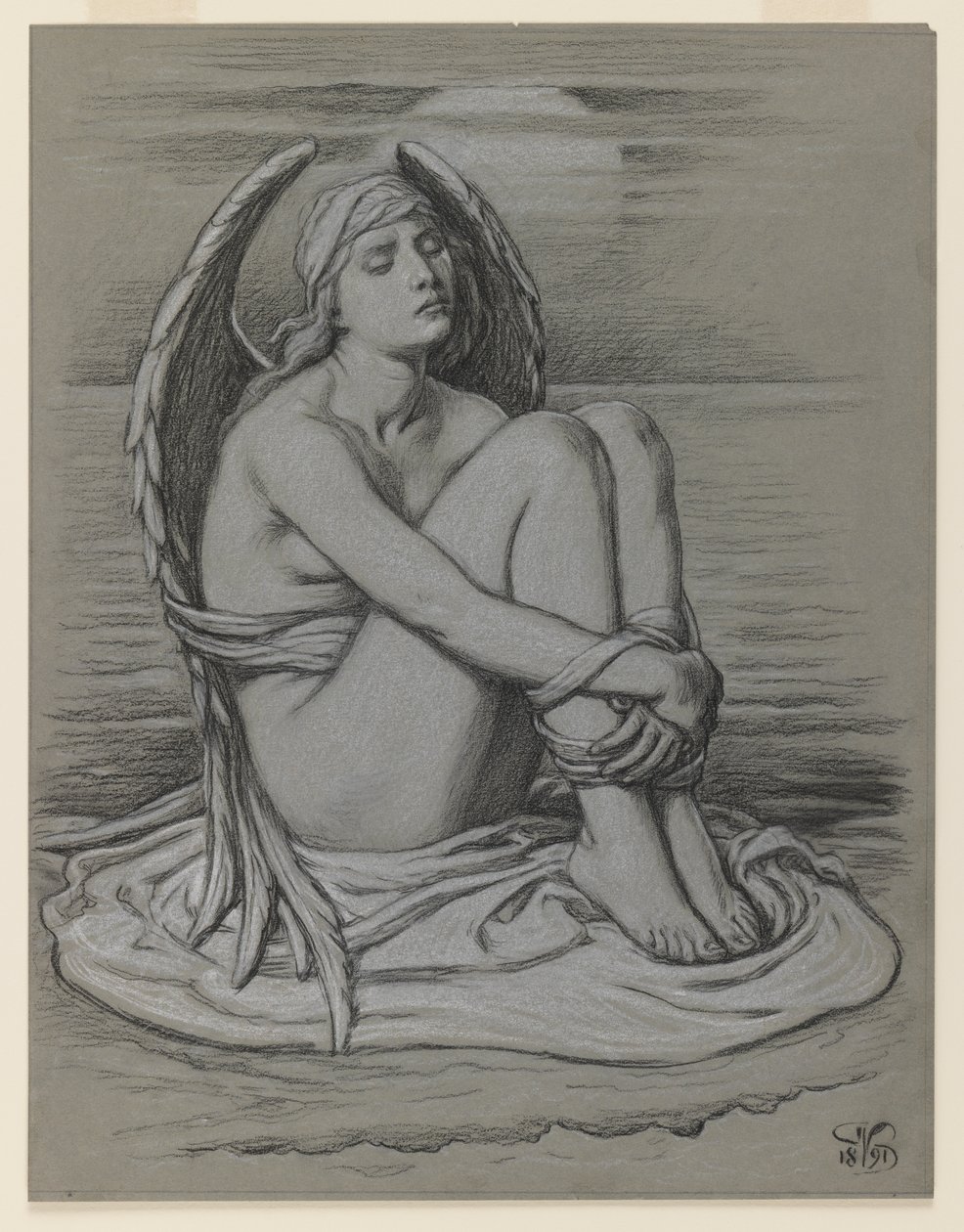 Bound Angel, 1891 (dokuma kağıt üzerine siyah beyaz tebeşir veya pastel boya) by Elihu Vedder