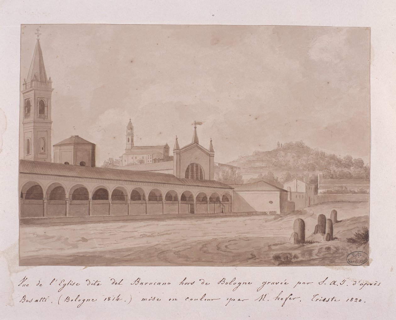 Basatti'den sonra Baracano, Bologna kilisesinin görünümü, 1814 (kağıt üzerinde wc ile zenginleştirilmiş gravür) by Elisa Bonaparte