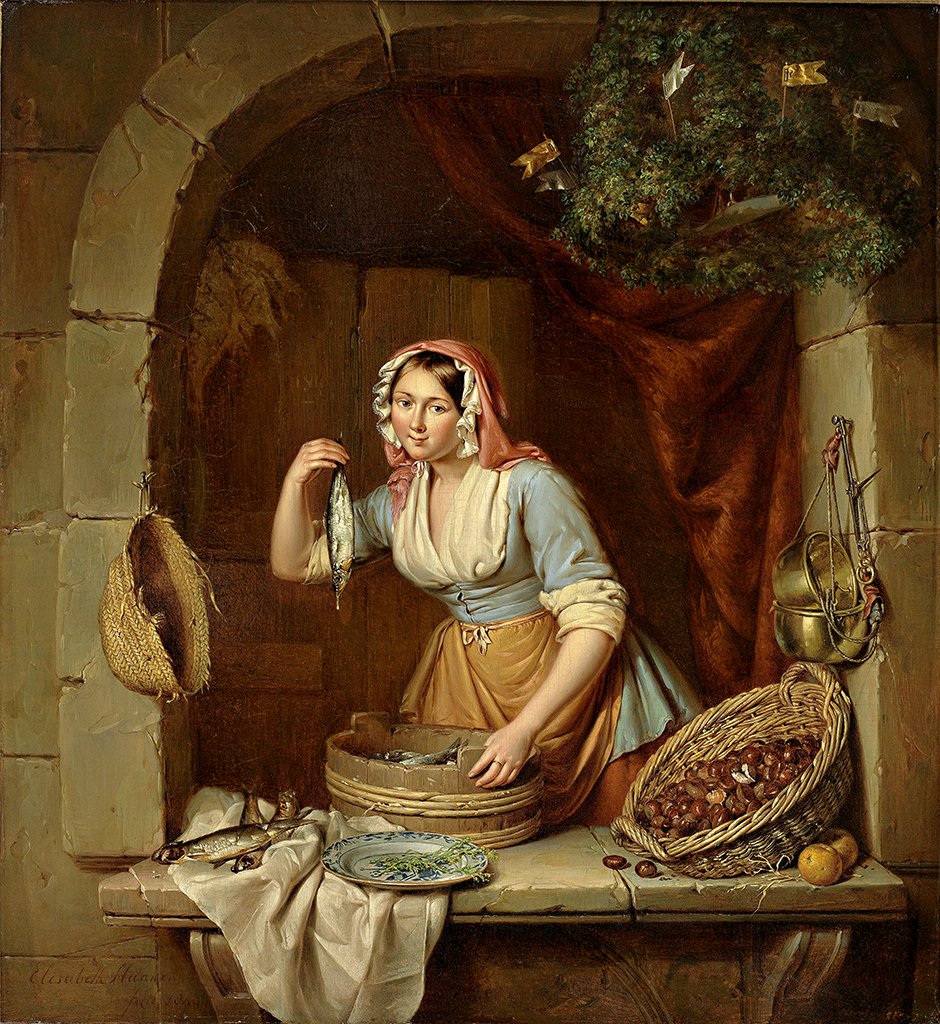 Ringa balığı ve kestane satan genç güzel pazar kadını by Elisabeth Alida Haanen