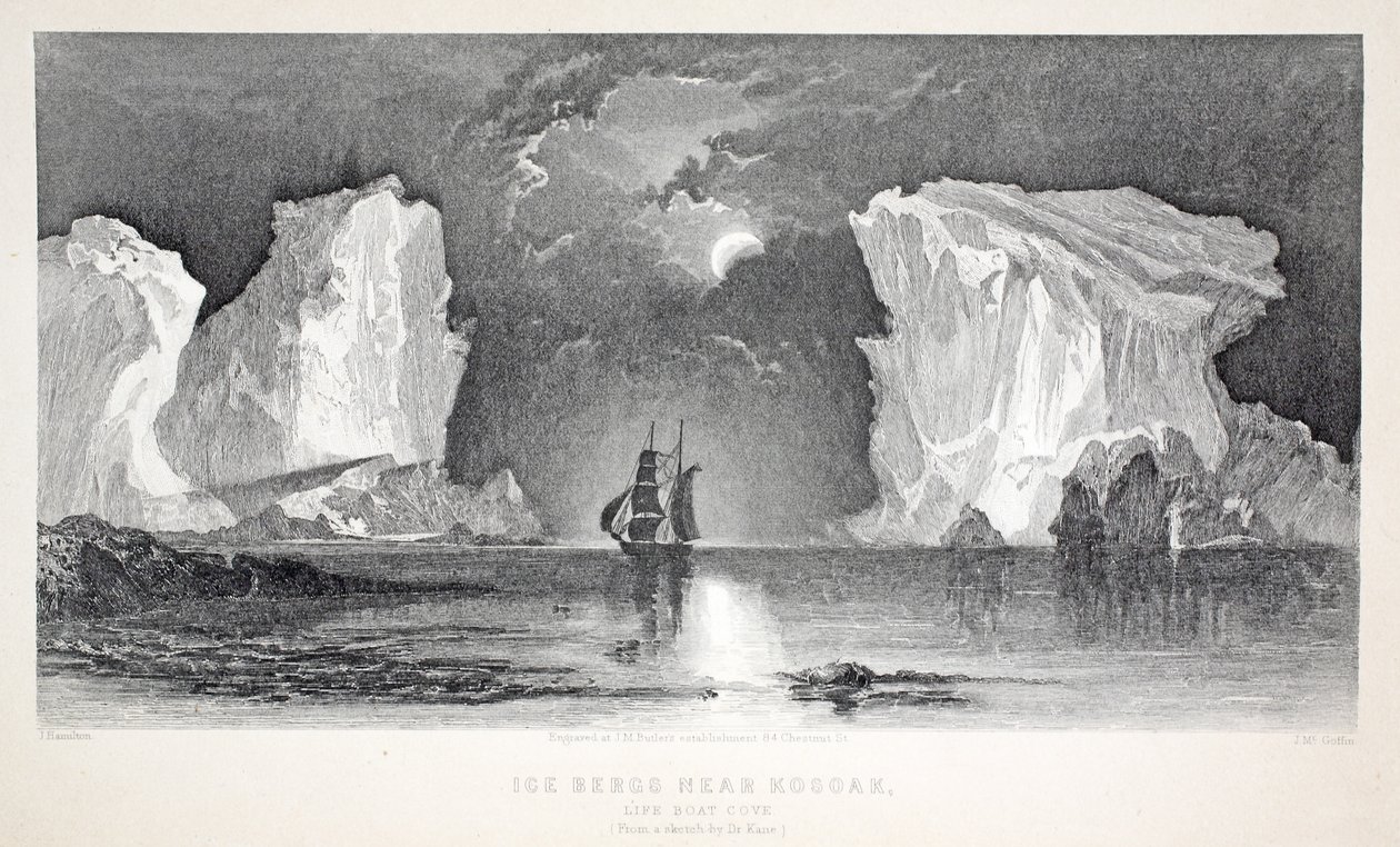 Kosoak yakınlarındaki Buzdağları, Life Boat Cove, 'Sir John Franklin'i Arayan İkinci Grinnell Expedition...'dan bir çizim, 1856 by Elisha Kane