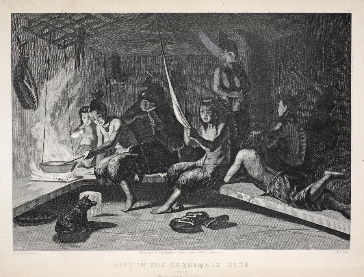 Esquimaux Igloe'da Yaşam, Etah, 'Sir John Franklin'i Arayan İkinci Grinnell Seferi'nden bir çizim, 1856 by Elisha Kane