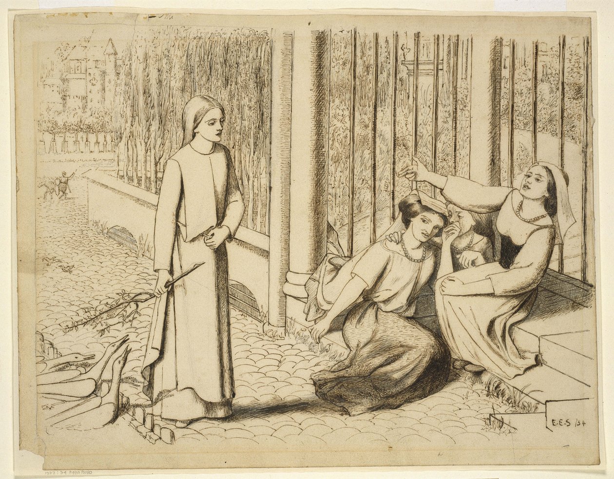 Pippa Passes, 1854 (kirli beyaz kağıt üzerine kalem ve kahverengi mürekkep) by Elizabeth Eleanor Siddal