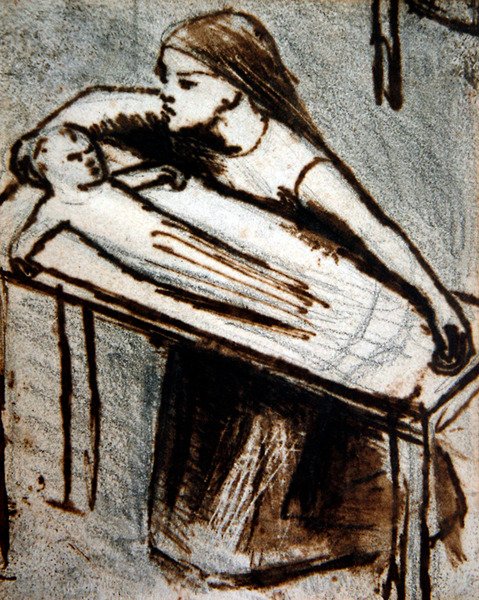 Diz çökmüş bebekli kız (kağıt üzerine kalem ve mürekkep) by Elizabeth Eleanor Siddal