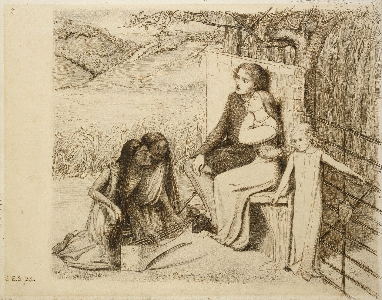 Two Lovers, 1854 (beyaz kağıda kalem ve kahverengi mürekkep) by Elizabeth Eleanor Siddal