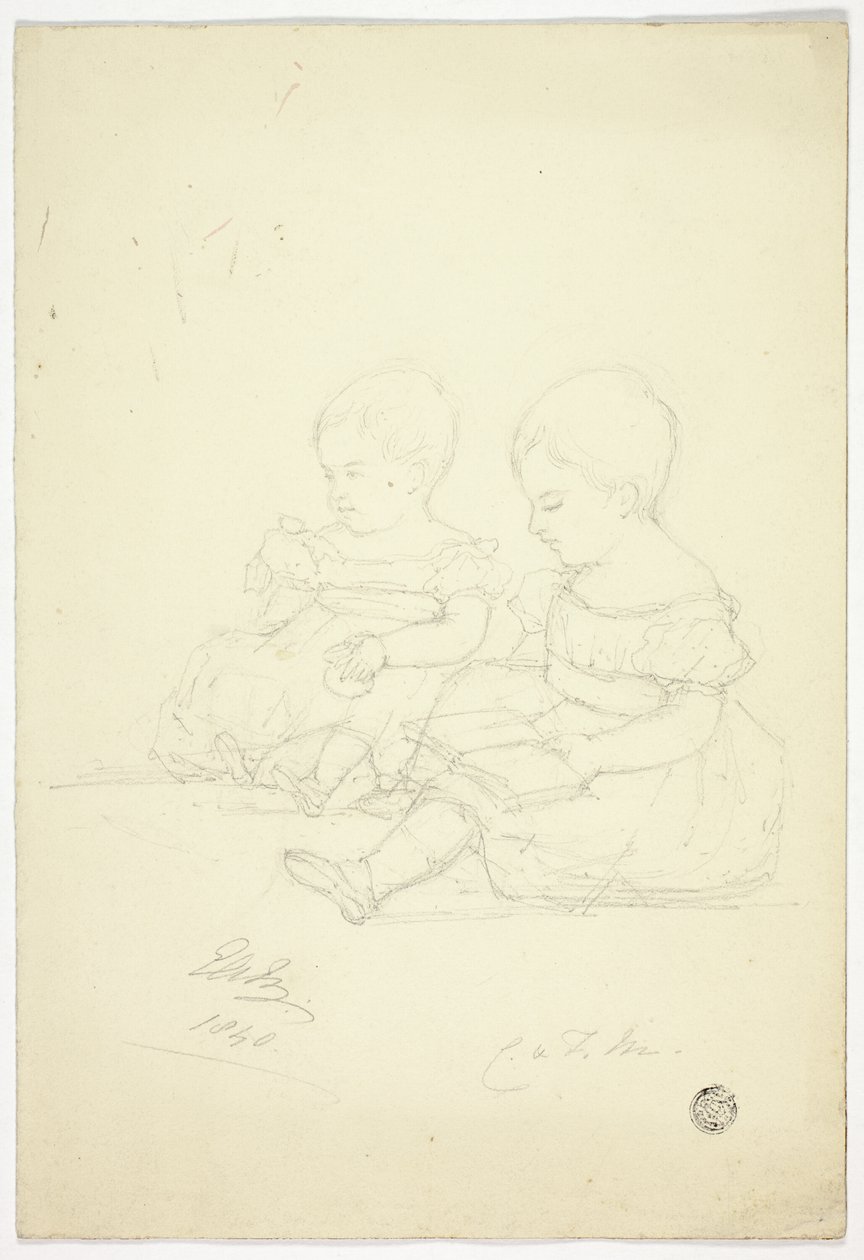 İki Oturan Kız Bebek (rekto), Natürmort ve İki Hayvan (ters) by Elizabeth Murray
