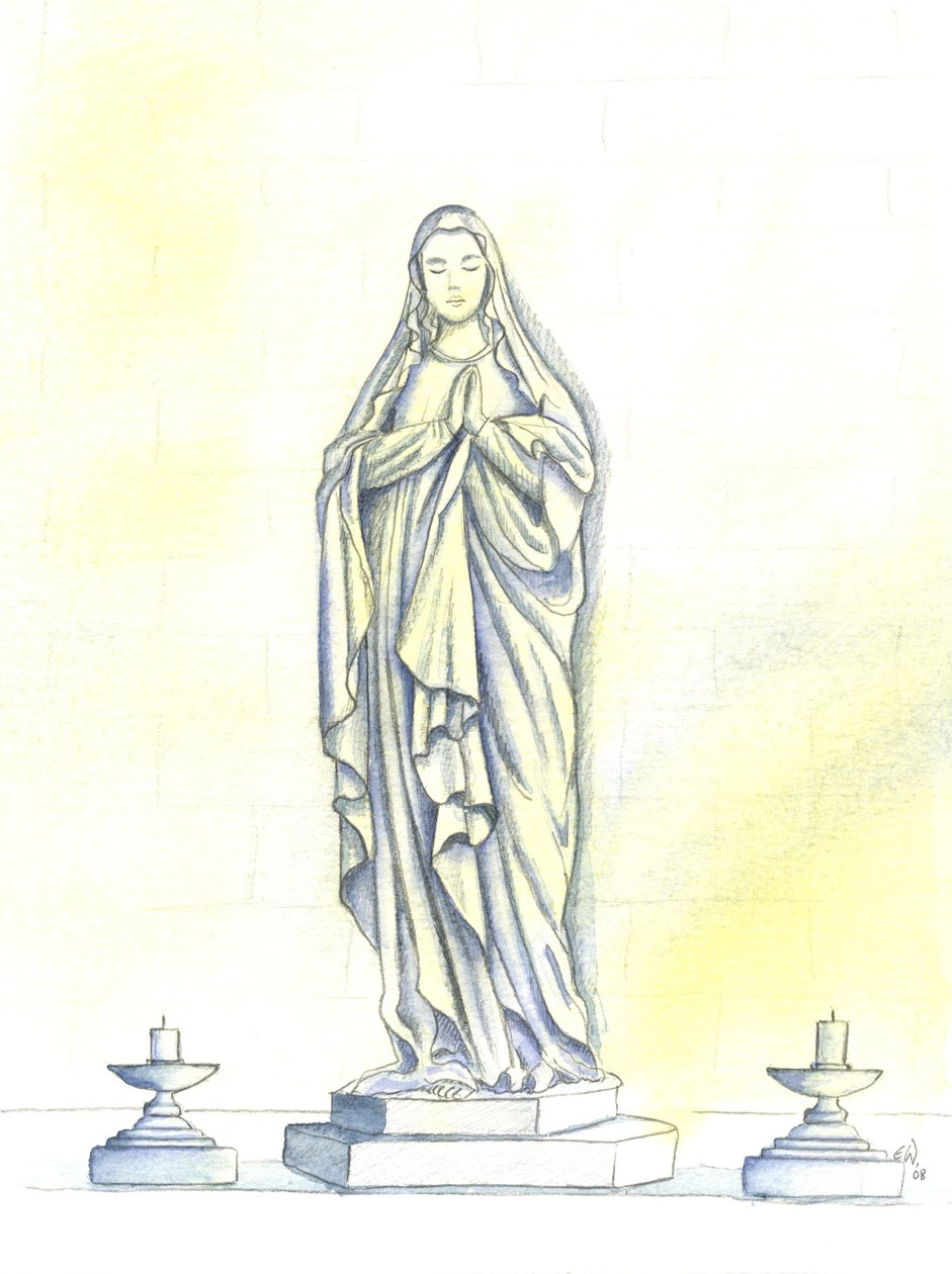 Kutsal Bakire Meryem heykeli, 2001 (kağıt üzerinde w/c) by Elizabeth Wang