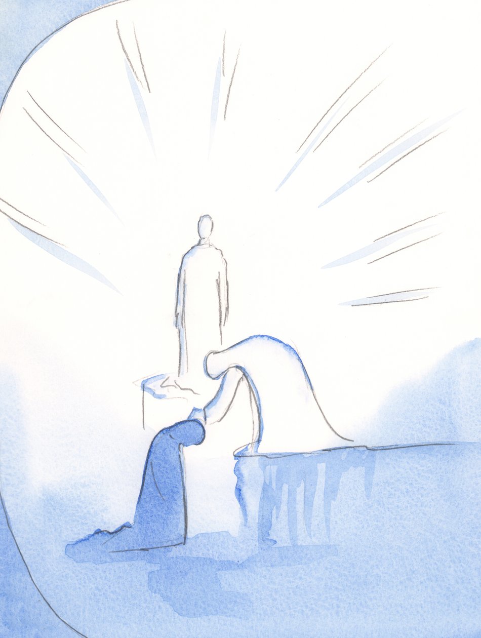 Bir kaideden eğiliyormuş gibi Leydimiz uzanıp başımı okşadı. Kendisinden başkalarına neşeyle bahsedenleri sevindiriyor, 2002 (kağıt üzerinde w/c) by Elizabeth Wang