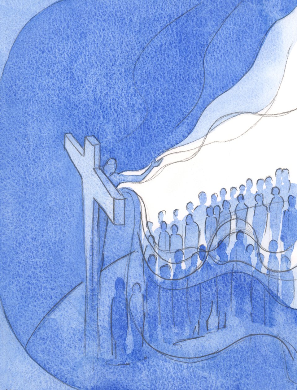 İlahi şefkatiyle ve Dünyadaki Kendi halkıyla dayanışma içinde, Mesih tüm insan ırkının günahlarını gizledi., 2001 (kağıt üzerinde w/c) by Elizabeth Wang