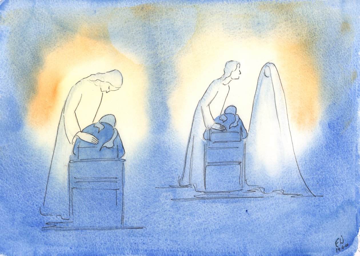 Bir çocuğun sadeliği ve güveniyle onlara her döndüğümüzde Mesih ve Annesi memnun oluyor, 2003 (kağıt üzerinde w/c) by Elizabeth Wang