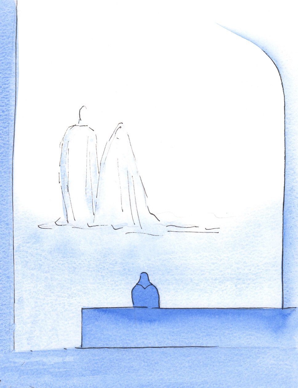 İsa ve Meryem Ana bana çok yakındılar, bazı özel işler ve sayısız sorunla uğraştıktan sonra teselli sunuyorlardı, 2002 (kağıt üzerinde w/c) by Elizabeth Wang