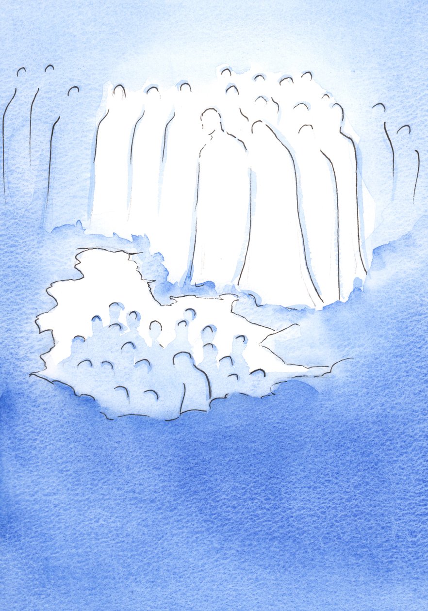 Mesih ve cennetteki azizleri, 2002 (kağıt üzerinde w/c) Tutkusu üzerine meditasyon yapan yeryüzündeki arkadaşlarına büyük bir şefkatle bakarlar by Elizabeth Wang