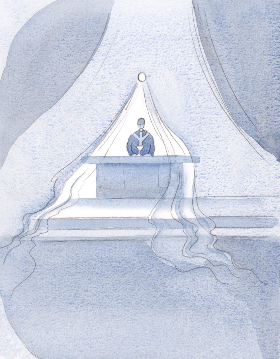 İsa, bu ziyafette İlahi Yemeği yemiş olanları - sanki ince bir beze sarılmış gibi - Cennete doğru çeker., 2001 (kağıt üzerinde w/c) by Elizabeth Wang