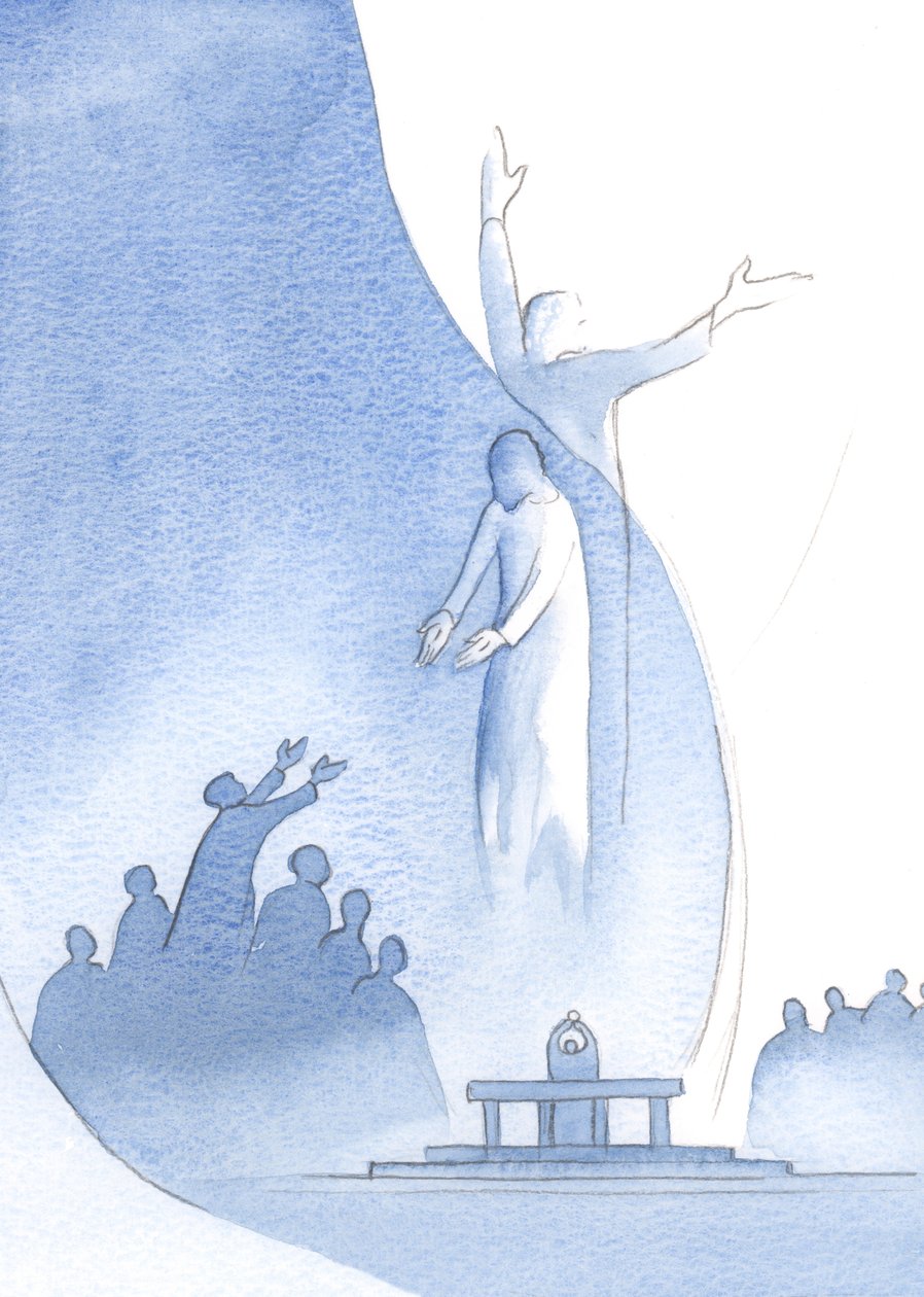 Mesih, eti ve kanıyla gerçekten bizimle birdir ve ayrıca tanrısallığı nedeniyle (bizi kendine çektiği) Baba ile birdir., 2000 (kağıt üzerinde w/c) by Elizabeth Wang
