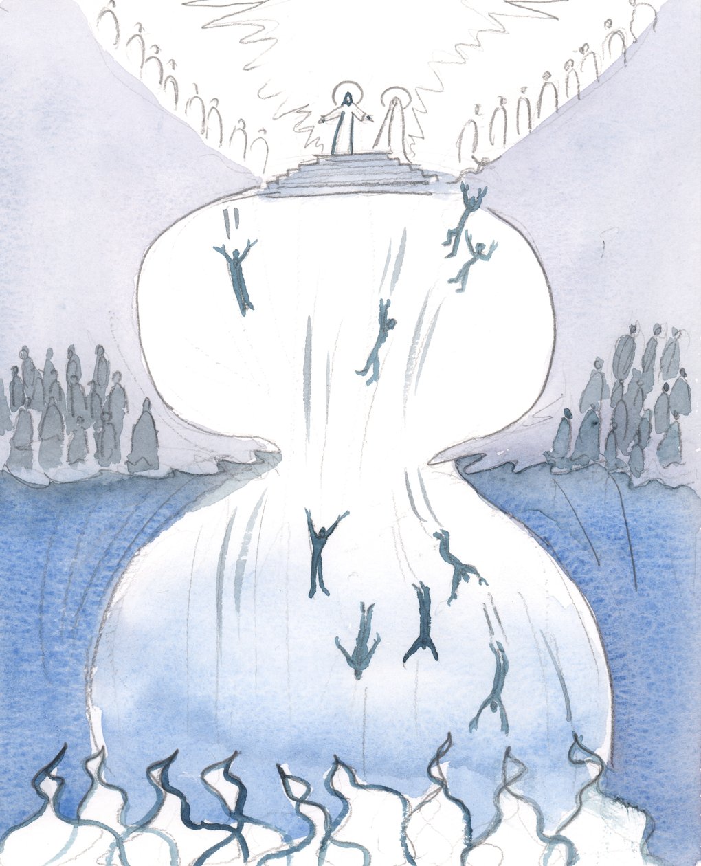 İsa bana önüme serilen büyük panoramadaki yüzlerce küçük figürü gösterdi, 2005 (kağıt üzerine suluboya) by Elizabeth Wang